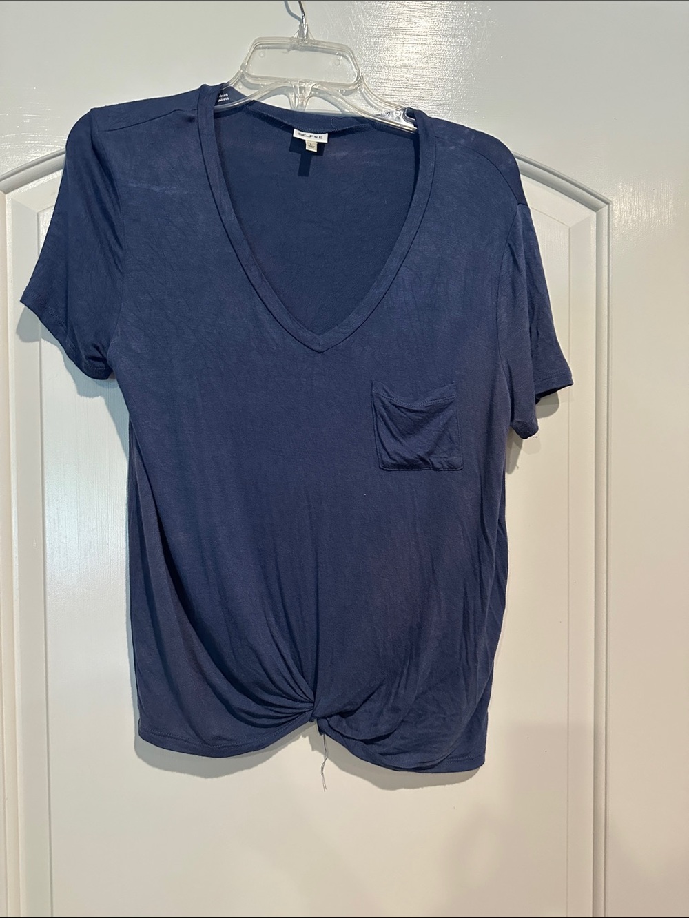 Self Esteem Navy V-Neck Front Knot Pocket Tee